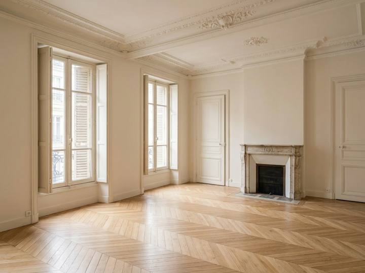 Salon haussmannien rénové avec parquet bâtons rompus, visualisé avec Voilà (après)