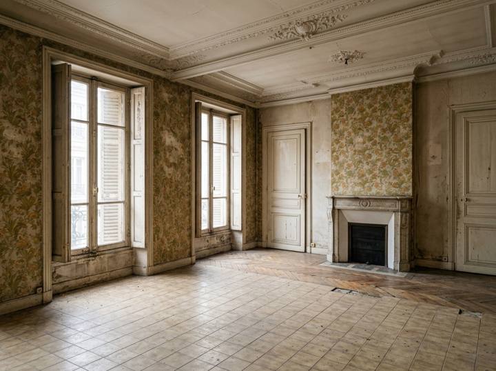 Salon haussmannien rénové avec parquet bâtons rompus, visualisé avec Voilà (avant)