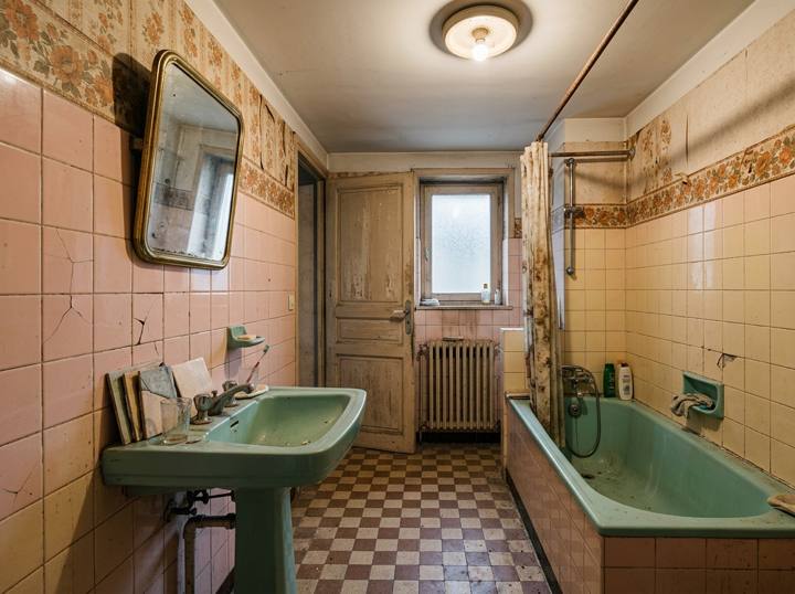 Salle de bain rénovée avec faïence métro, sol hexagonal et vasque chêne, rendu généré avec Voilà (avant)